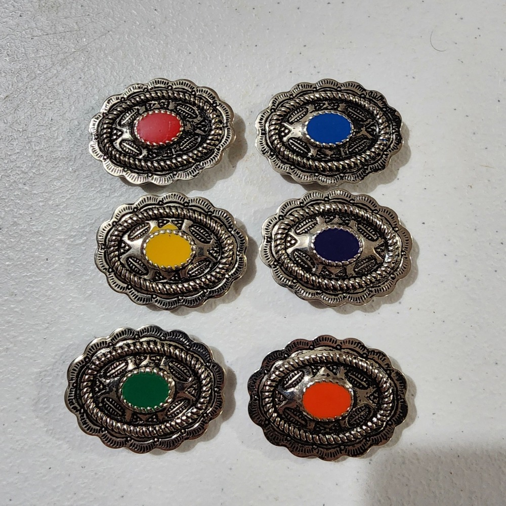 6pc Western Silver Tone Concho button covers Colorful Cabochon Set Southwestern